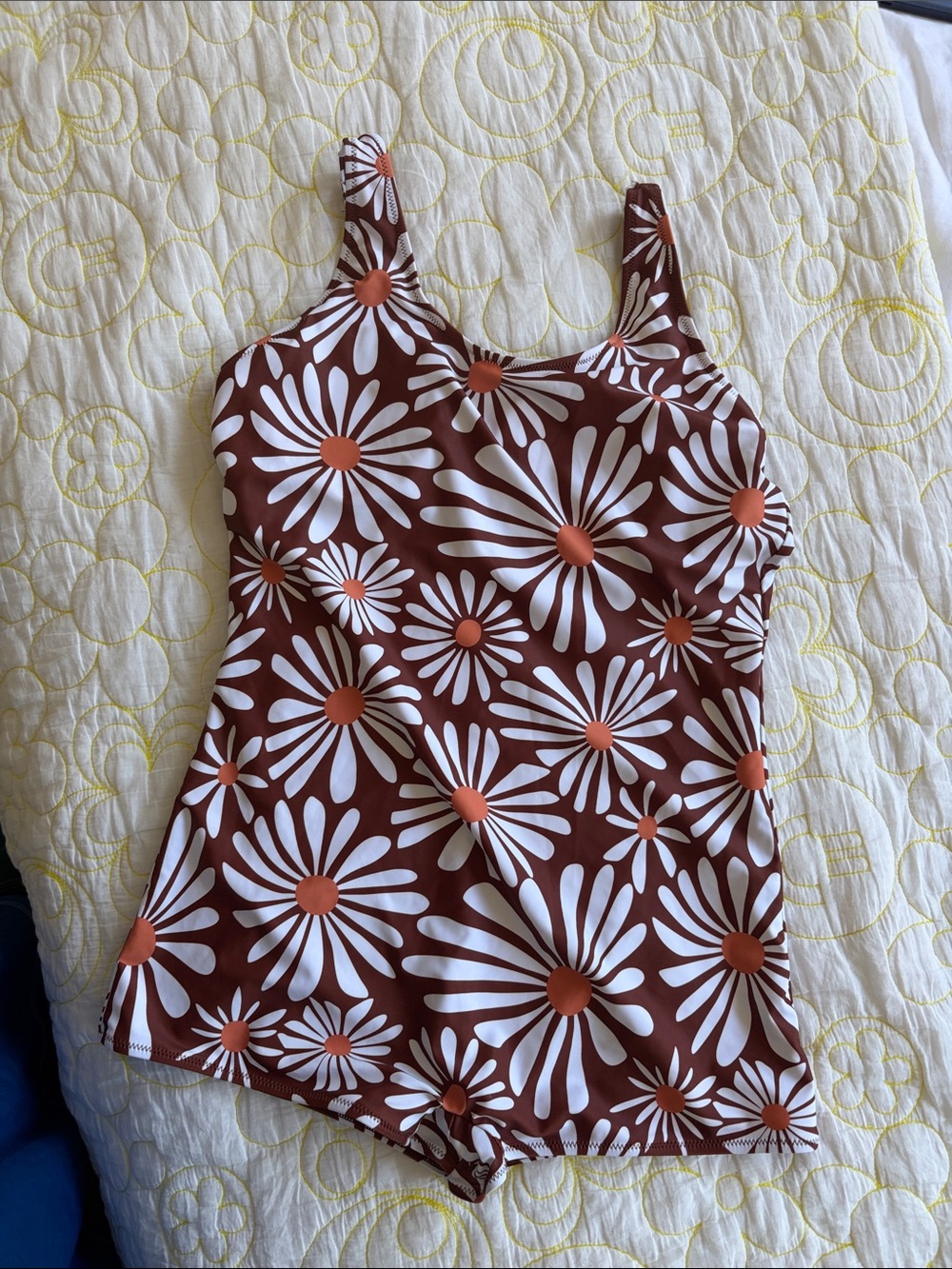 Brown Floral Swimshort one piece with White & Orange Daisy Print